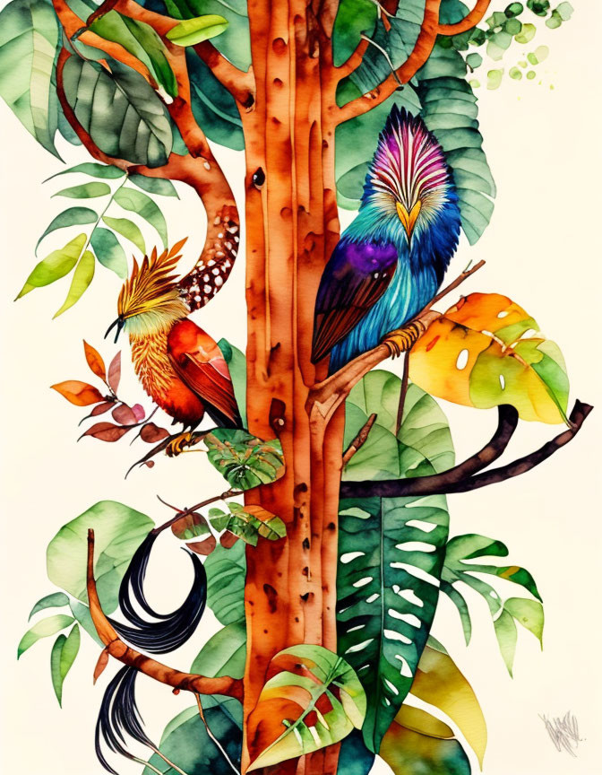 Colorful watercolor painting of birds on branches in lush foliage