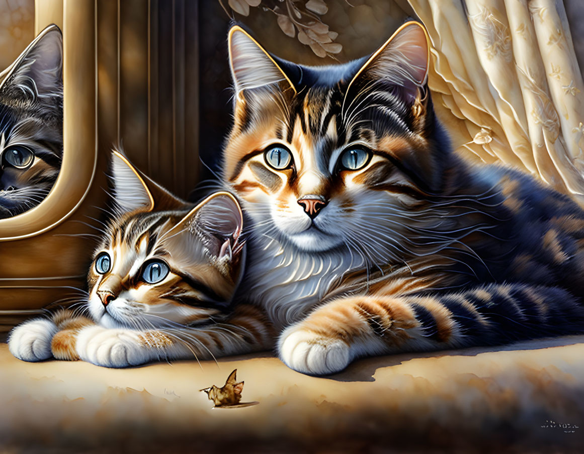 Realistic tabby kittens with blue eyes by window and leaf