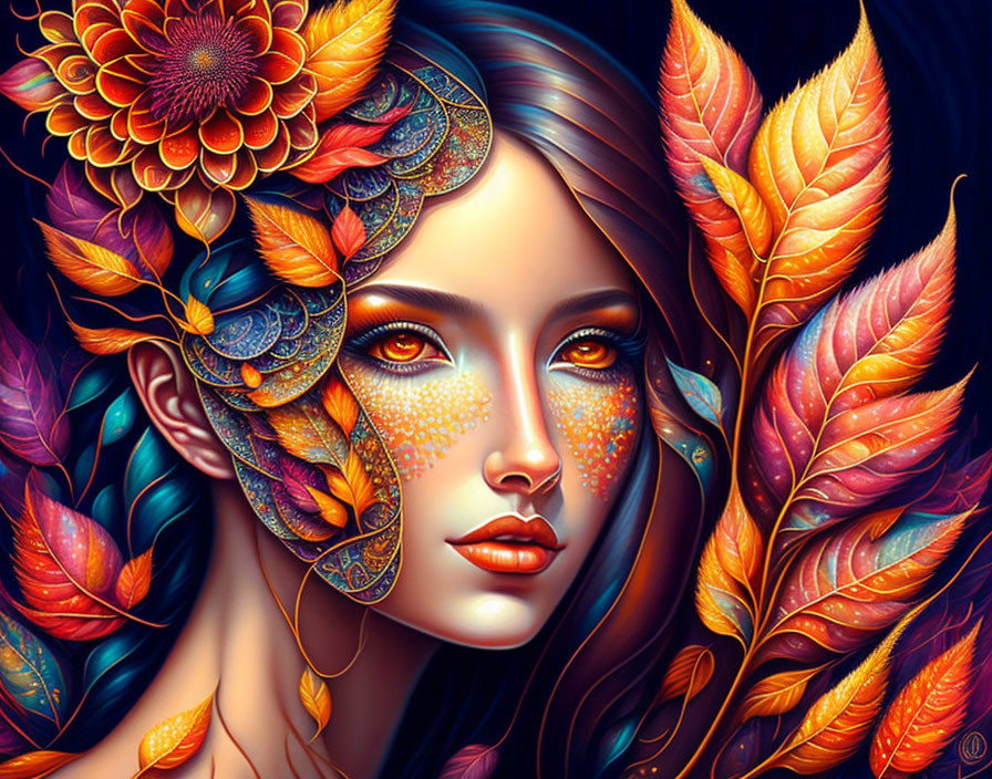 Digital artwork of woman with autumn-leaf wings and floral patterns.