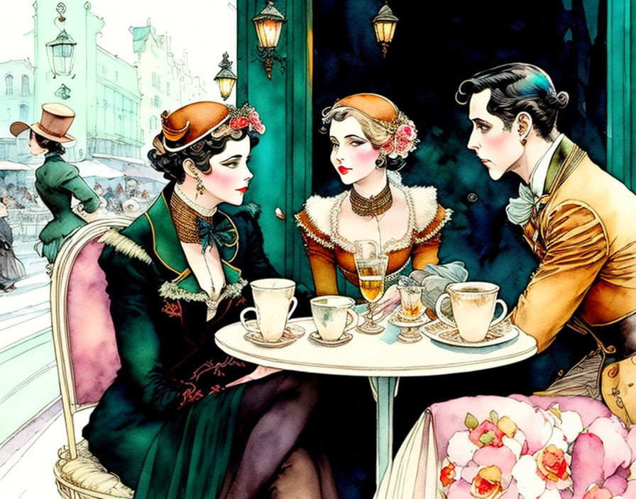 Elegantly dressed women and man chatting at cafe table with cityscape backdrop.