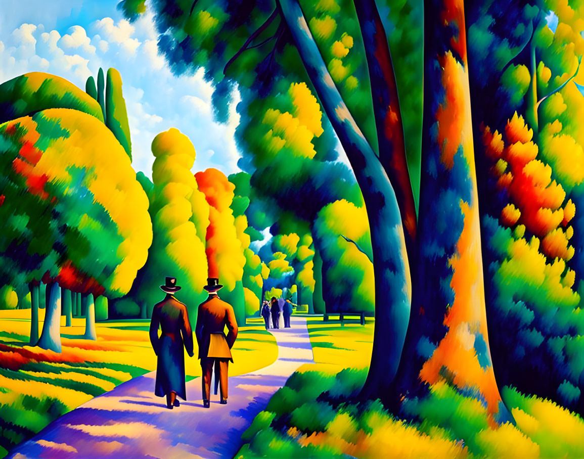 Vibrant painting: Two people walking in colorful, stylized park