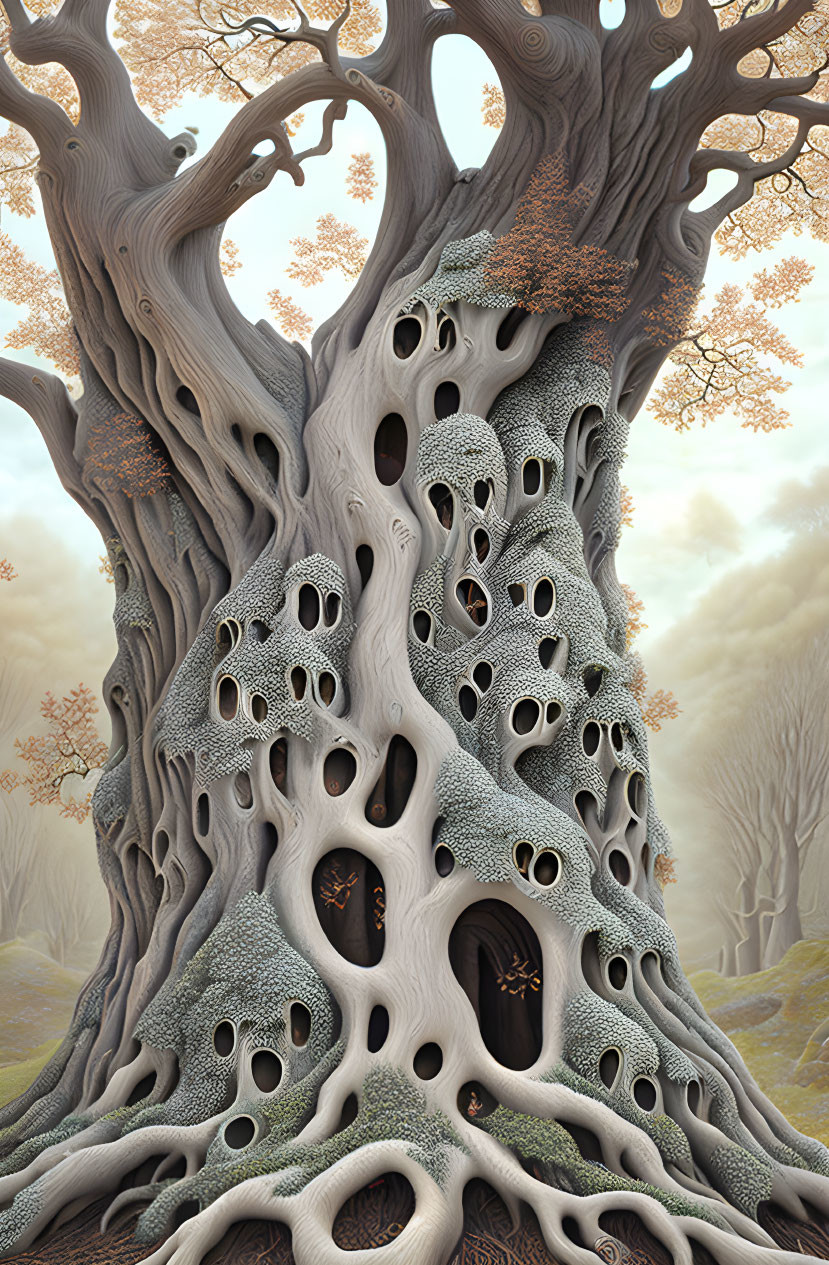 Intricate Hollows Tree in Misty Autumn Forest