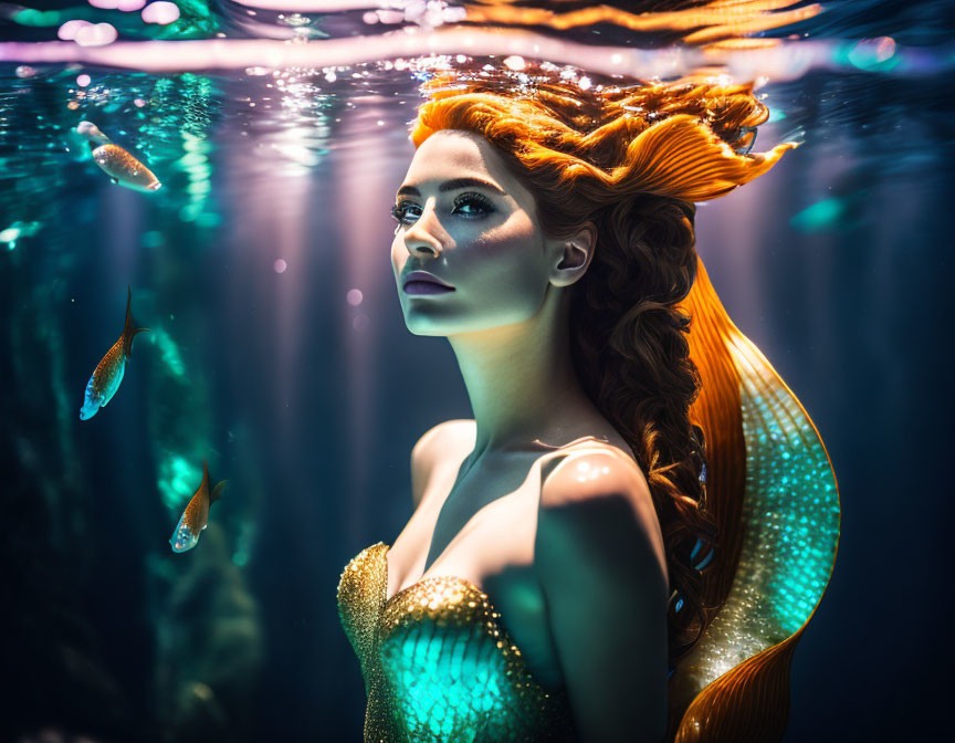 Red-Haired Woman in Golden Mermaid Outfit Underwater with Fish