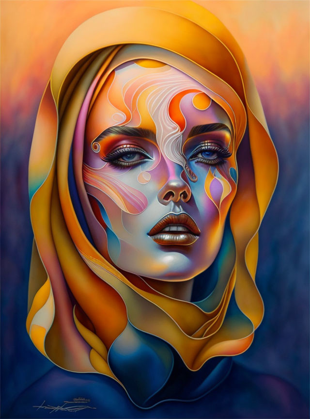 Colorful surreal portrait of a woman with flowing headscarf and wavy facial features.