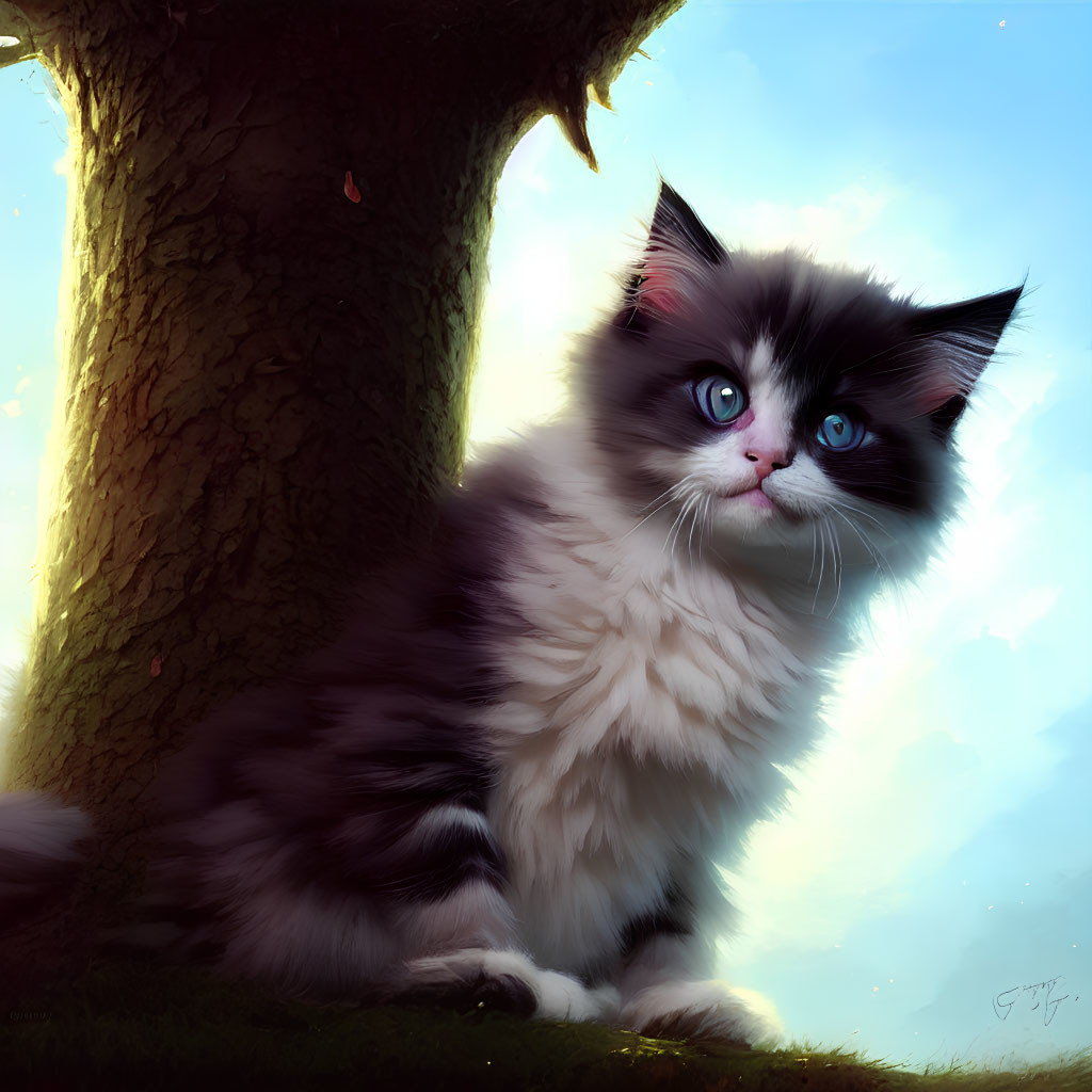 Fluffy black and white cat with blue eyes by tree in sunlight