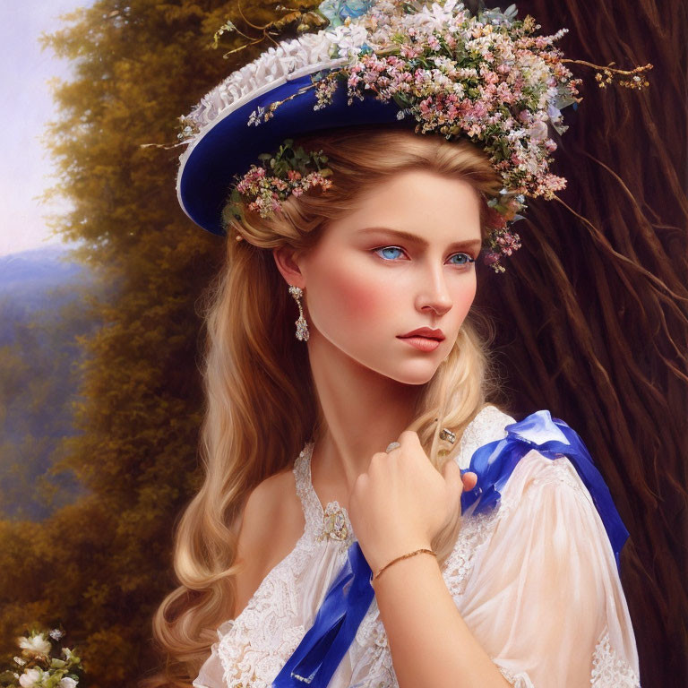 Woman portrait with floral hat, blue ribbon, and long blonde hair in natural setting