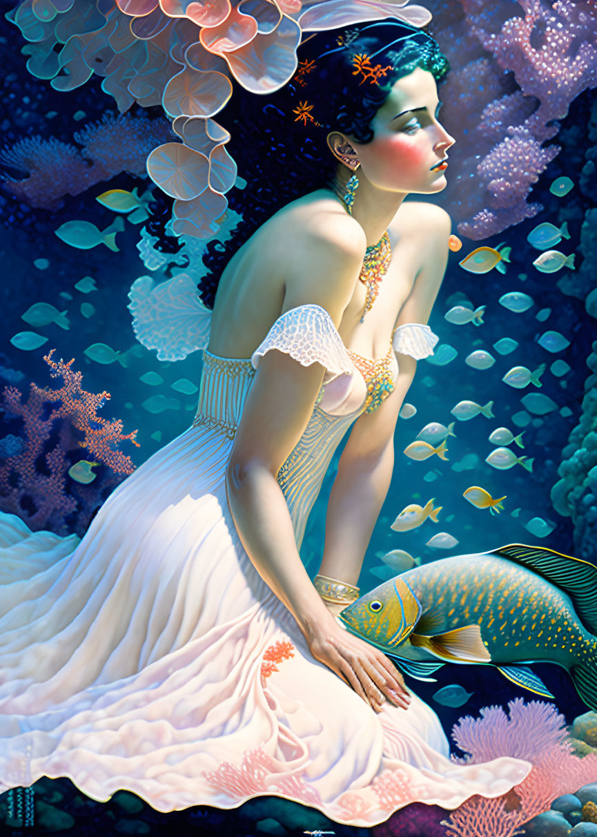 Woman in white dress submerged in colorful coral and fish underwater scene.