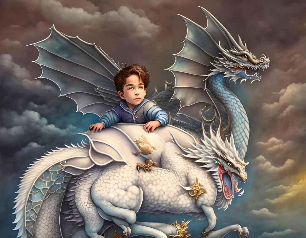 Child riding majestic blue dragon in dramatic sky