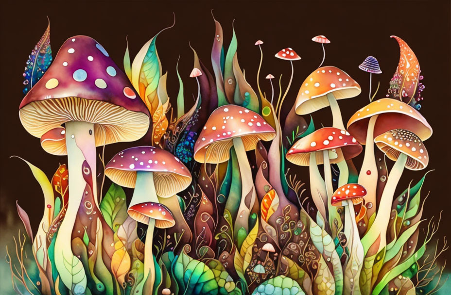 Vibrant mushroom illustration with stylized foliage on dark backdrop