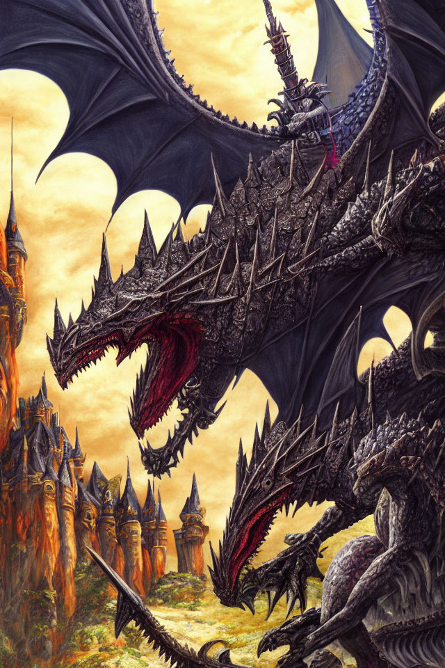 Black dragon with red-tinged mouth looms over castle in golden cloud backdrop