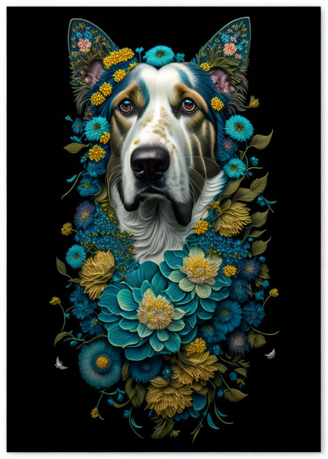 Vibrant dog portrait with blue and yellow floral patterns on black background