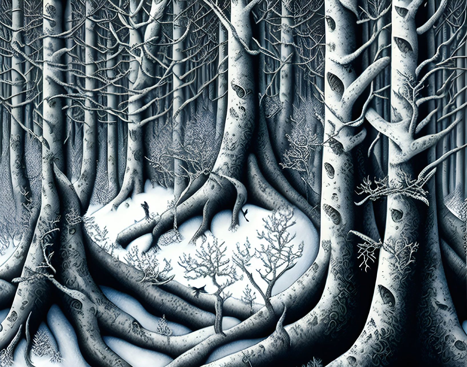 Monochromatic snowy forest with intricate tree roots and branches