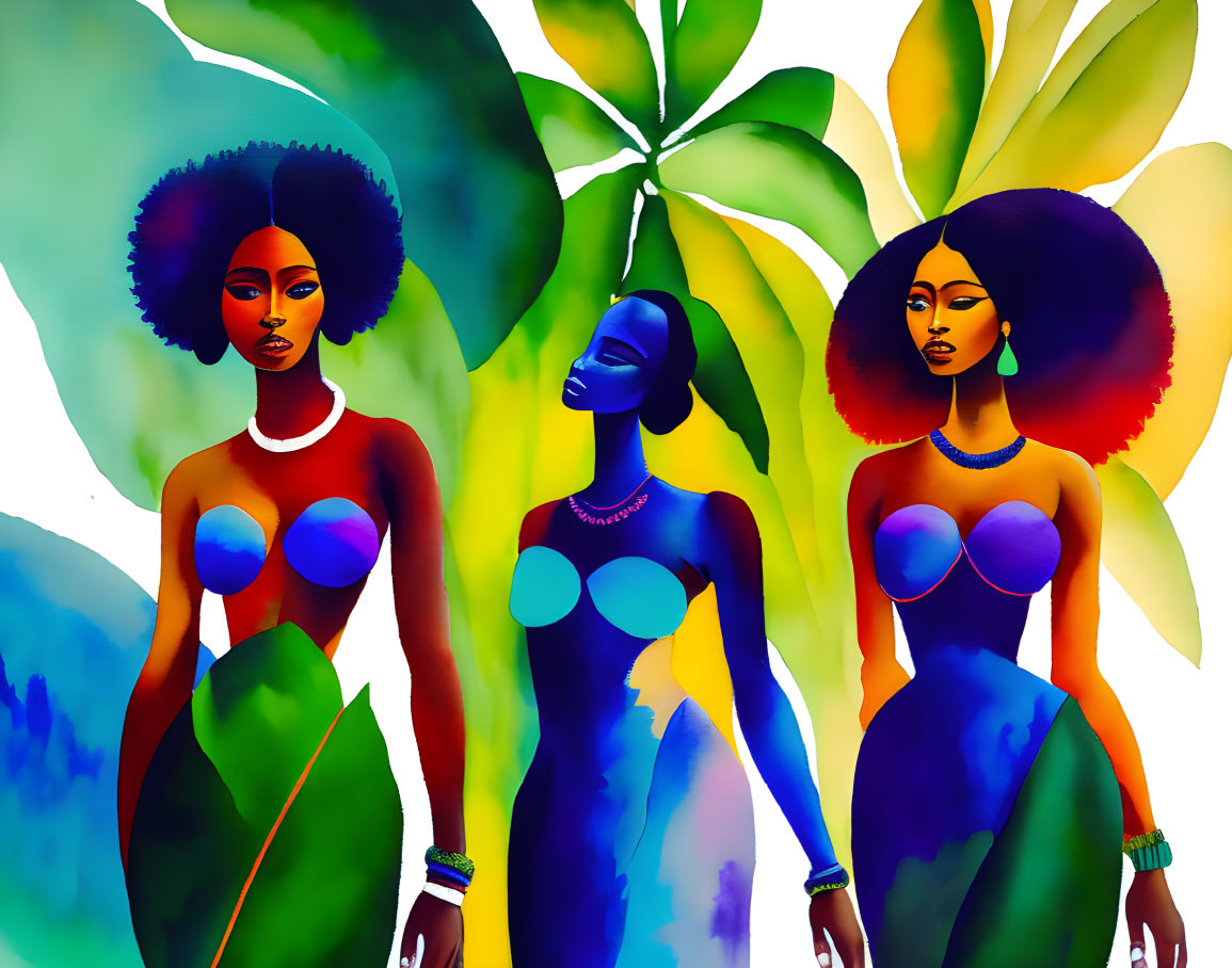 Stylized women with afros amid colorful tropical leaves