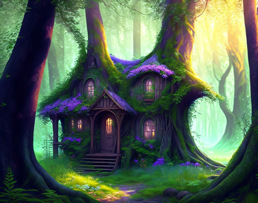 Illustration of fairy-tale tree house in enchanted forest