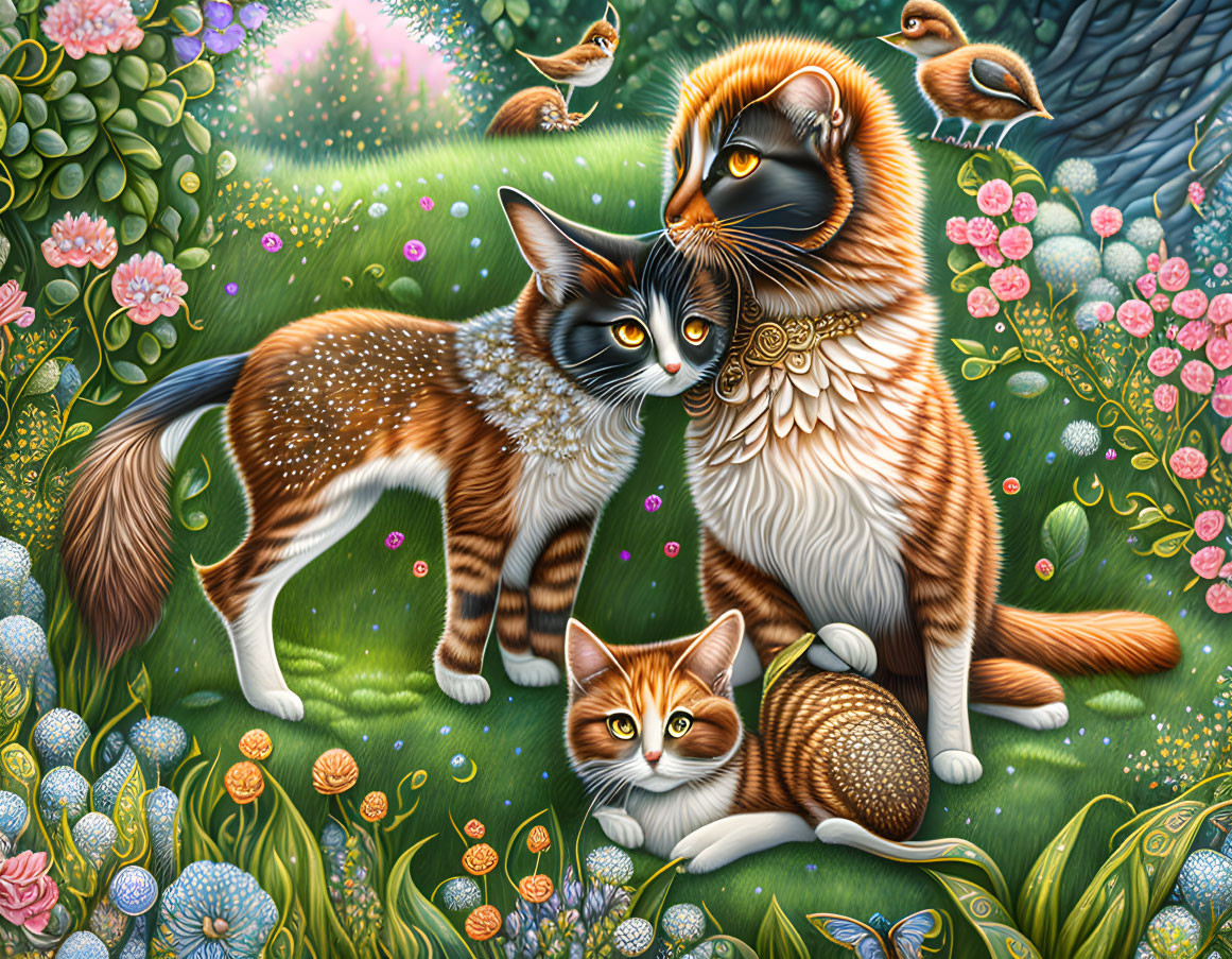 Colorful Floral Landscape with Whimsically Illustrated Cats