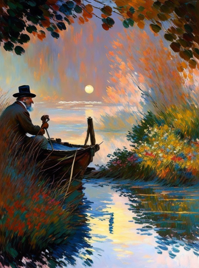 Man in top hat fishing on river at sunset with lush foliage and flowers.