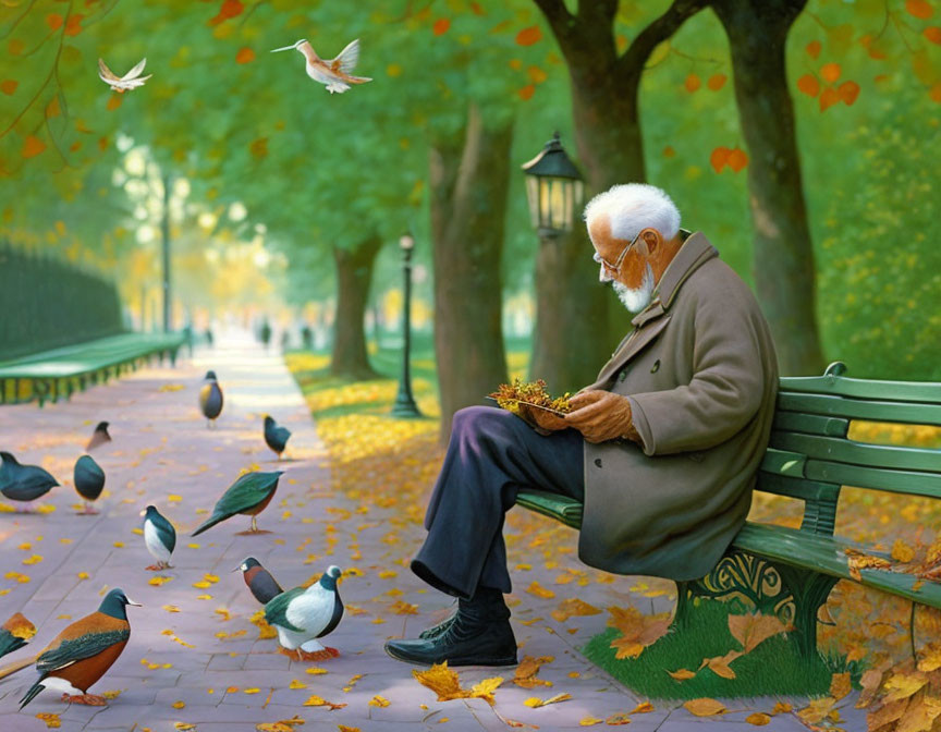 Elderly Man Feeds Birds in Autumn Park