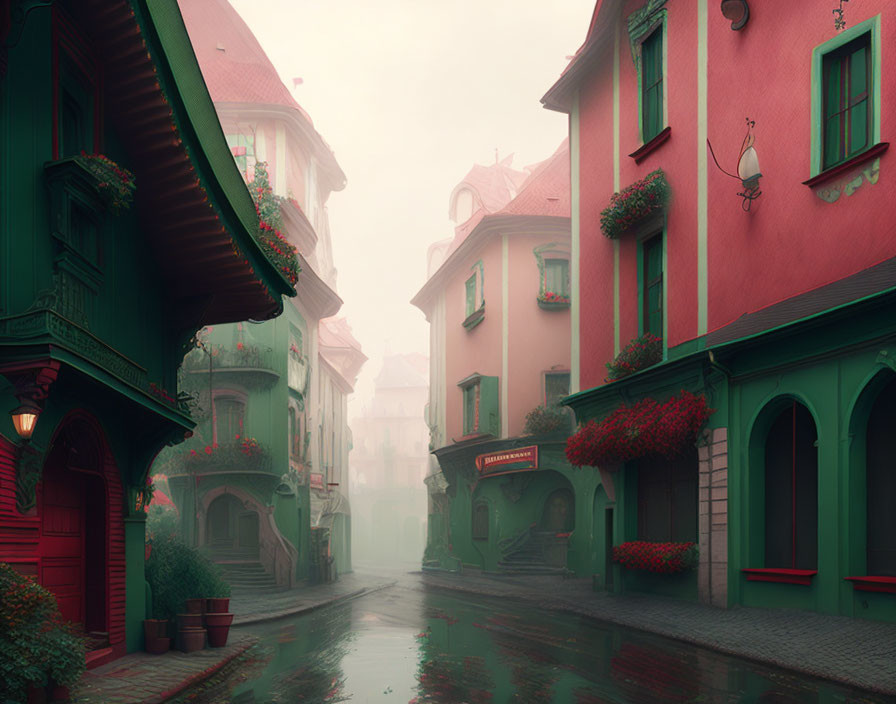 Foggy European street with colorful houses and red flowers