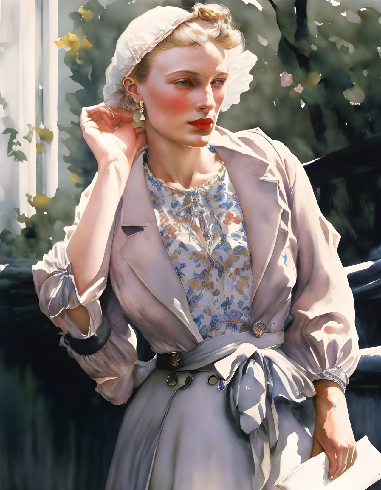 Vintage Attire: Elegant Woman in Floral Blouse and Beige Coat Outdoors