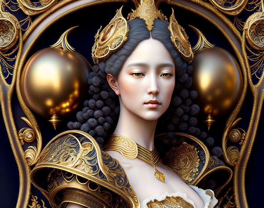 Ornate gold headdress and armor on woman in stylized portrait