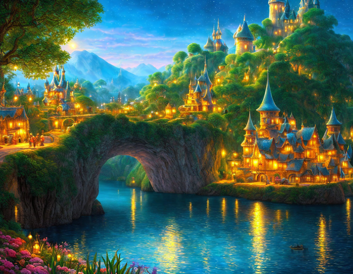 Vibrant fantasy landscape: illuminated castles, lush hillside, stone bridge, blooming flowers