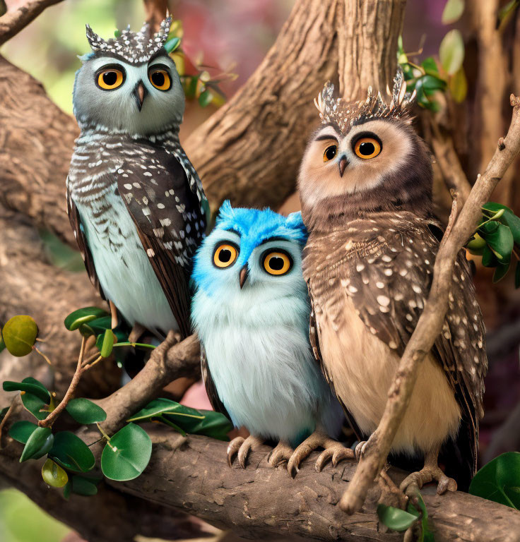 Stylized owl figurines with crowns on tree branch among green leaves