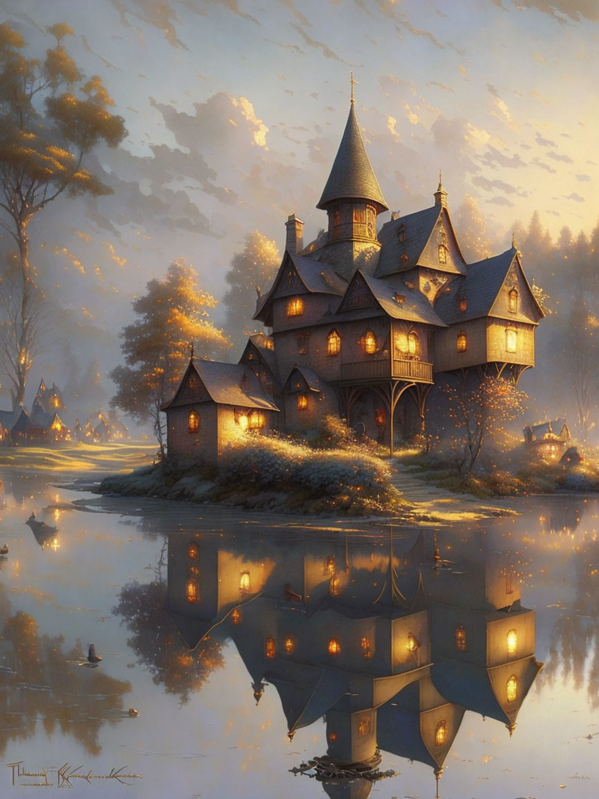 Enchanting fantasy house with lit windows reflected on calm lake at twilight