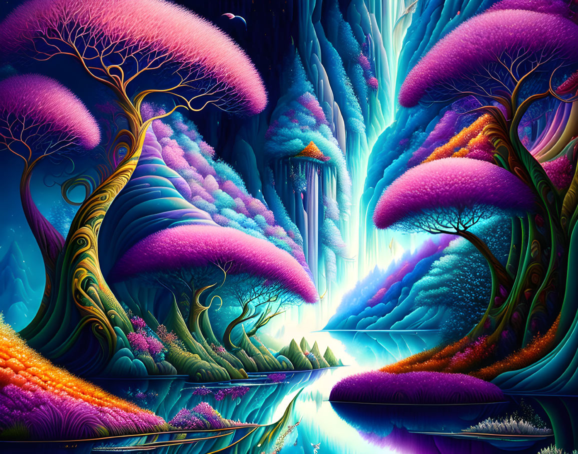 Fantastical landscape with neon colors, purple mushroom-like trees, luminescent river, and blue