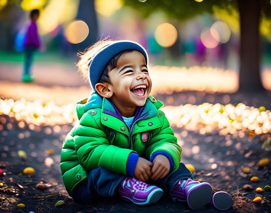 Toddler laughing in green jacket and blue hat among fallen leaves in park.