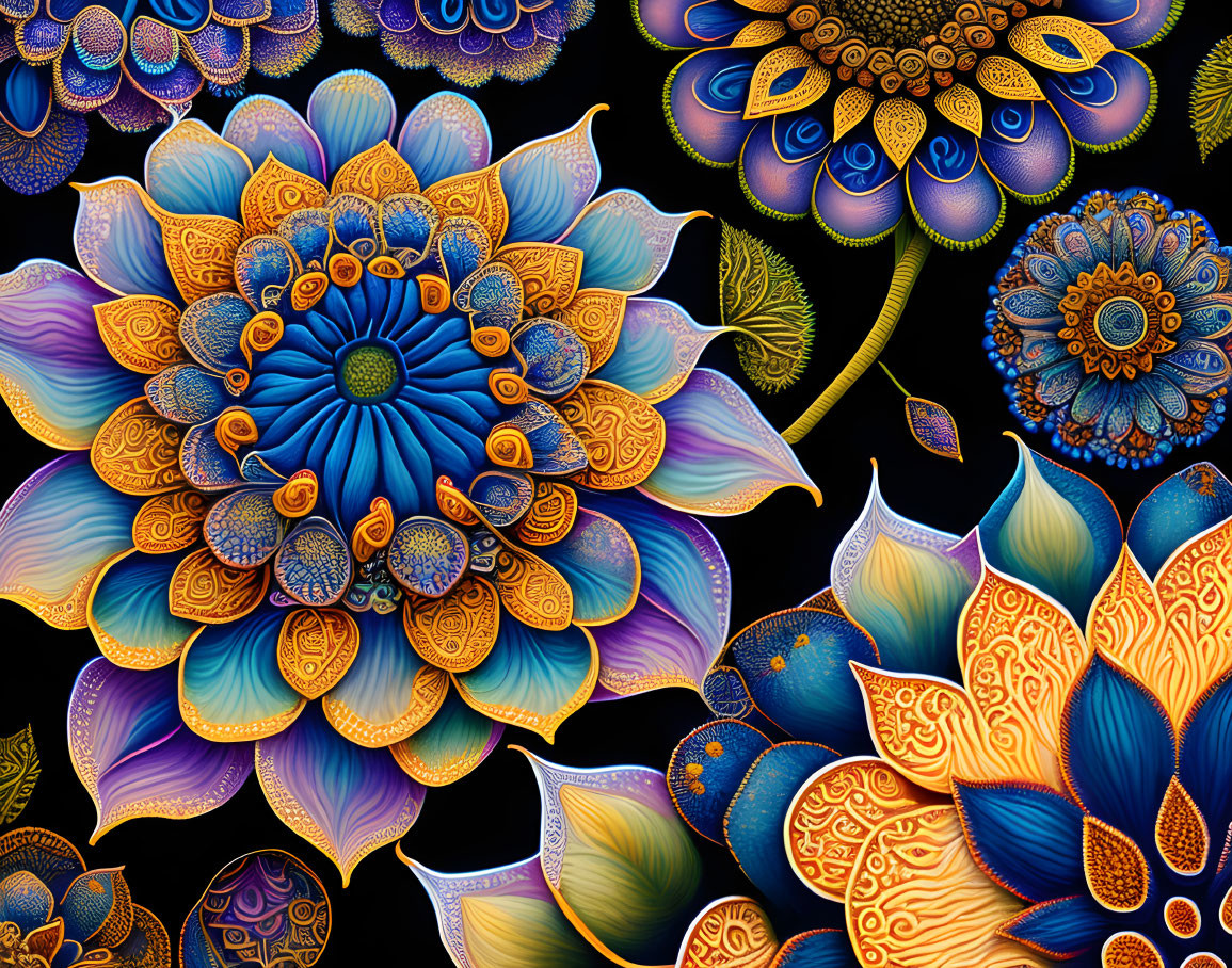 Colorful digital artwork: intricate floral patterns on dark background