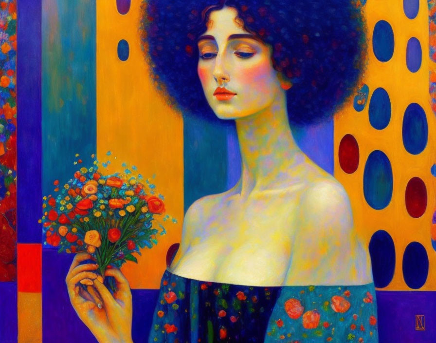 Vibrant painting of woman with afro and bouquet on geometric backdrop