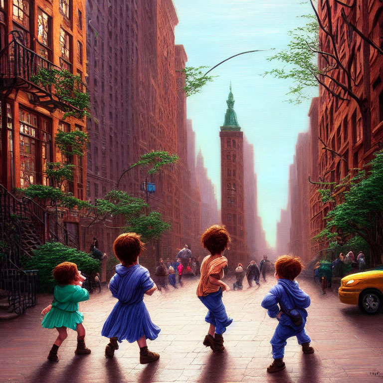 Urban street scene with four children crossing, tall buildings, and hazy city backdrop