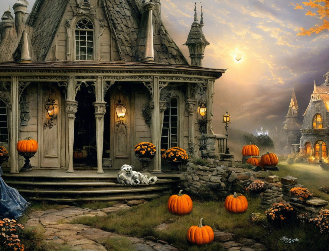 Gothic-style cottage with Halloween pumpkins, flowers, and dog under moonlit sky