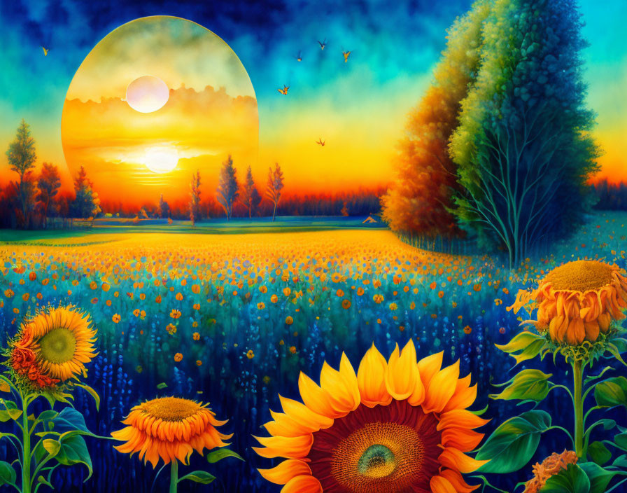 Sunflower Field Sunset Painting with Birds, Large Sun, and Autumn Trees