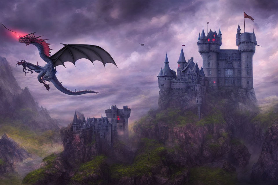 Majestic dragon flying over misty castle landscape