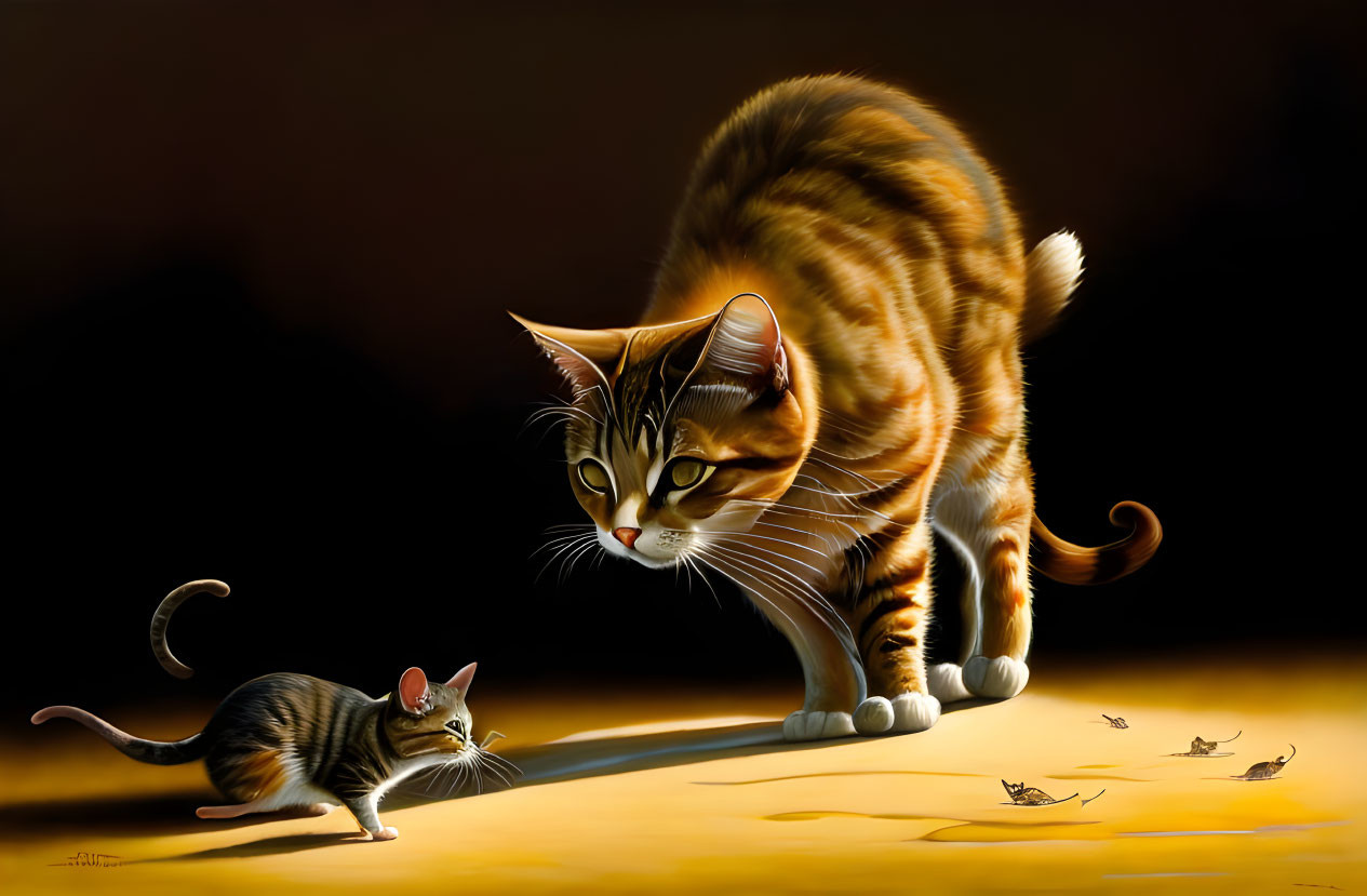 Orange tabby cat observing mouse and insects on dark background