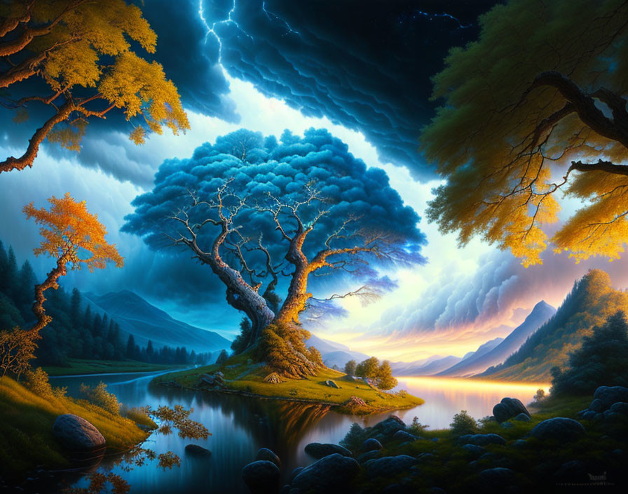 Majestic tree in vibrant landscape at dusk with lightning strike and autumn leaves