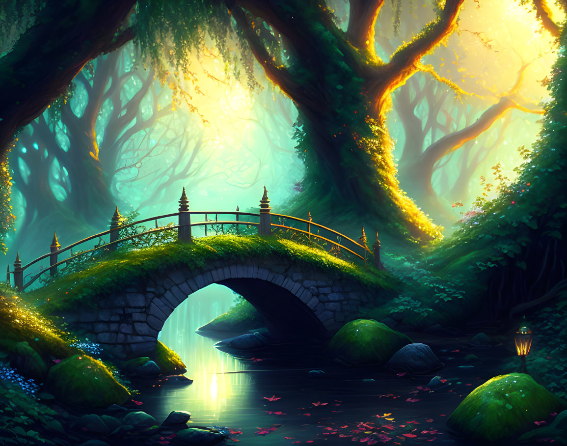 Lush forest scene with stone bridge over stream