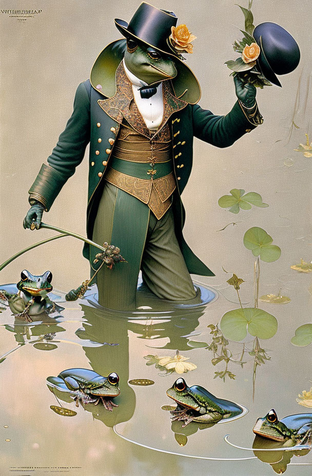 Elegant frog in suit with flower and hat, surrounded by smaller frogs on lily pads