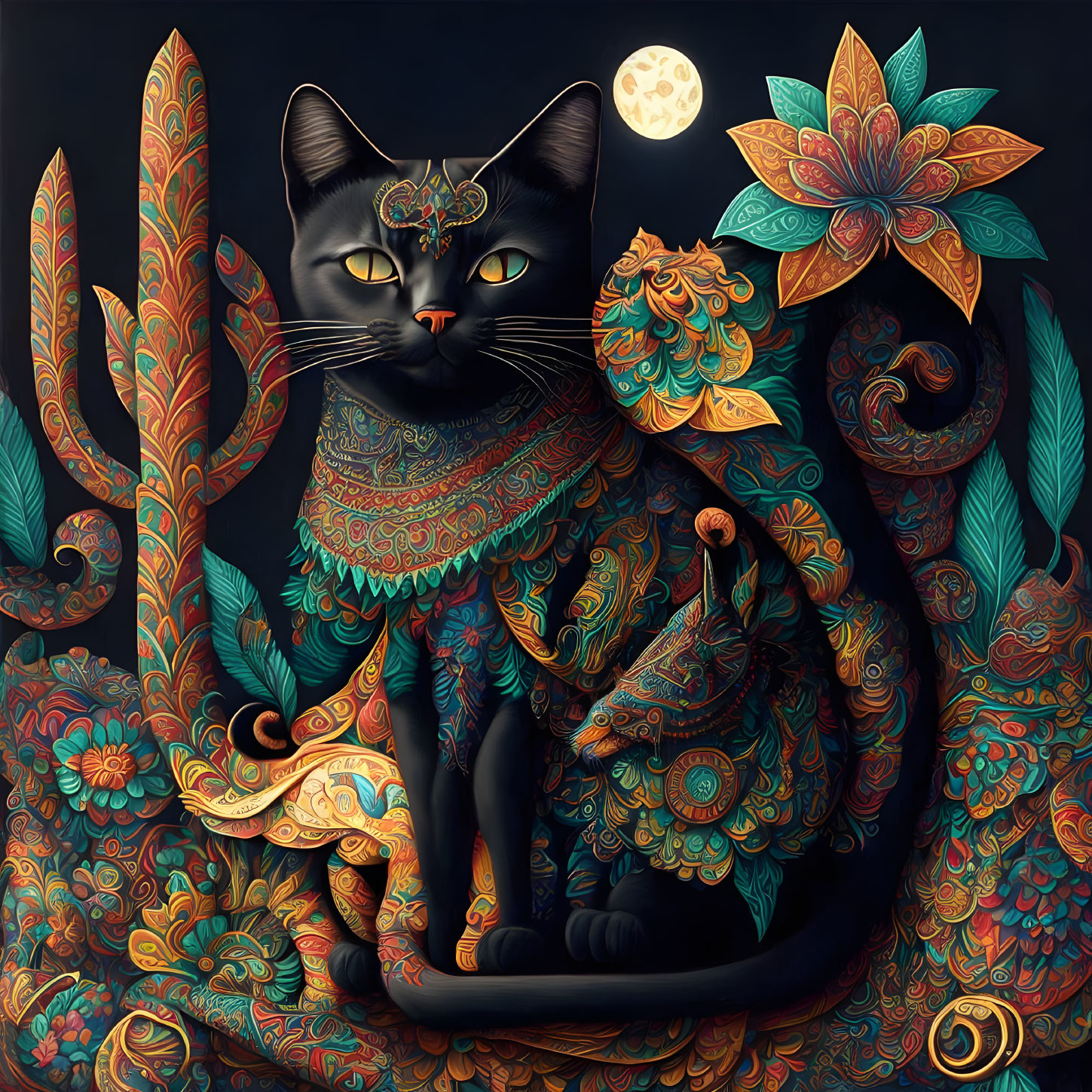 Stylized black cat illustration with moon and floral motifs