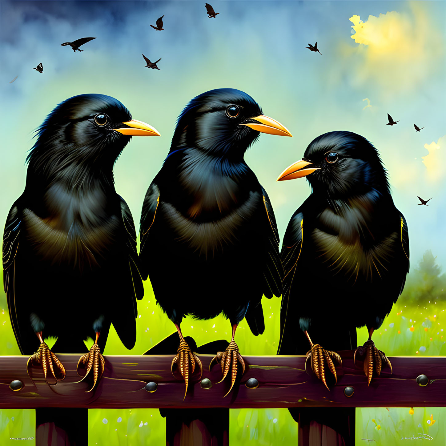 Three black crows on wooden fence in grassy field with blue sky