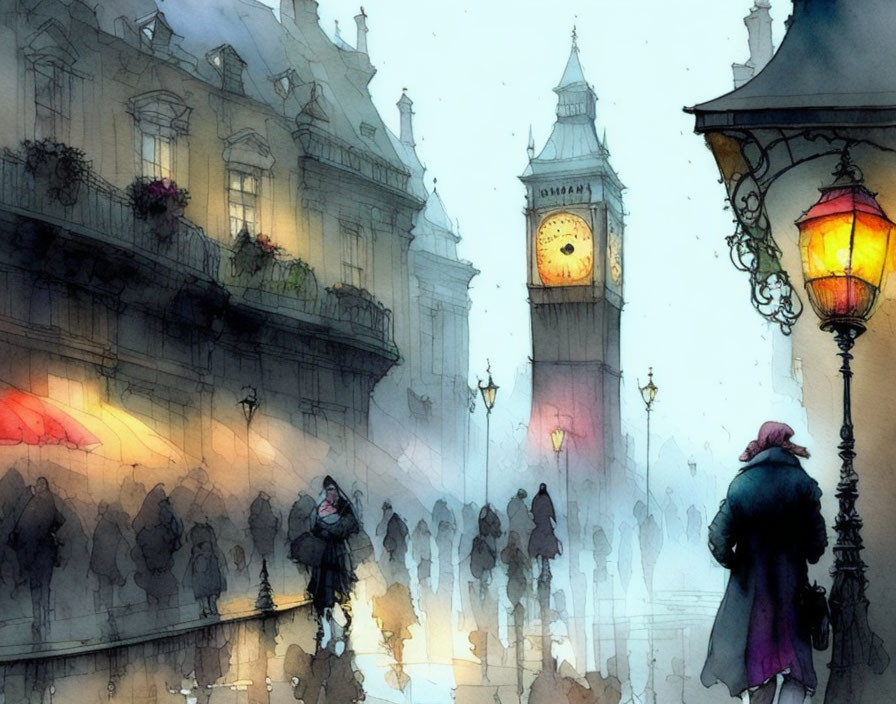 Watercolor illustration of bustling street near Big Ben with glowing lamp