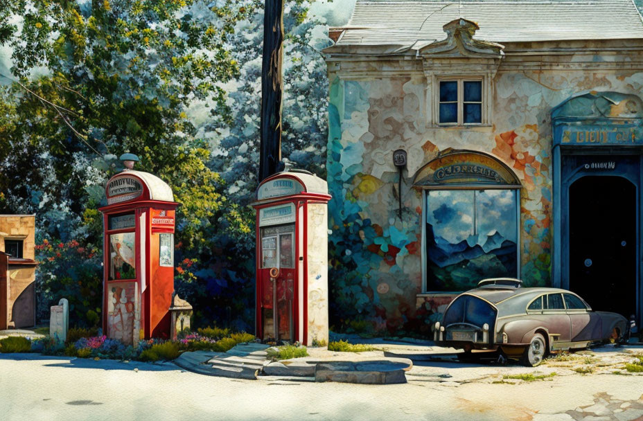 Vintage scene: Two red telephone booths, old car, deteriorating building, greenery, clear sky