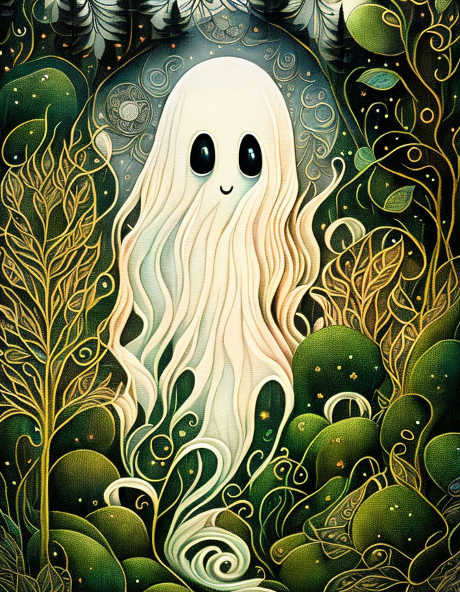 Illustrated ghost in whimsical forest under moonlit sky