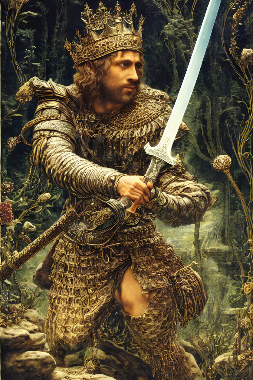 Regal figure in ornate armor holding sword in mystical forest