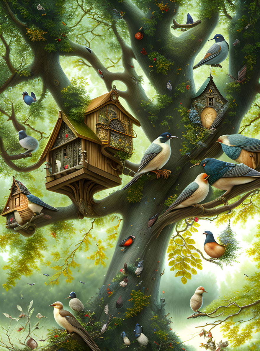 Illustration of Large Tree with Birdhouses and Birds in Lush Greenery