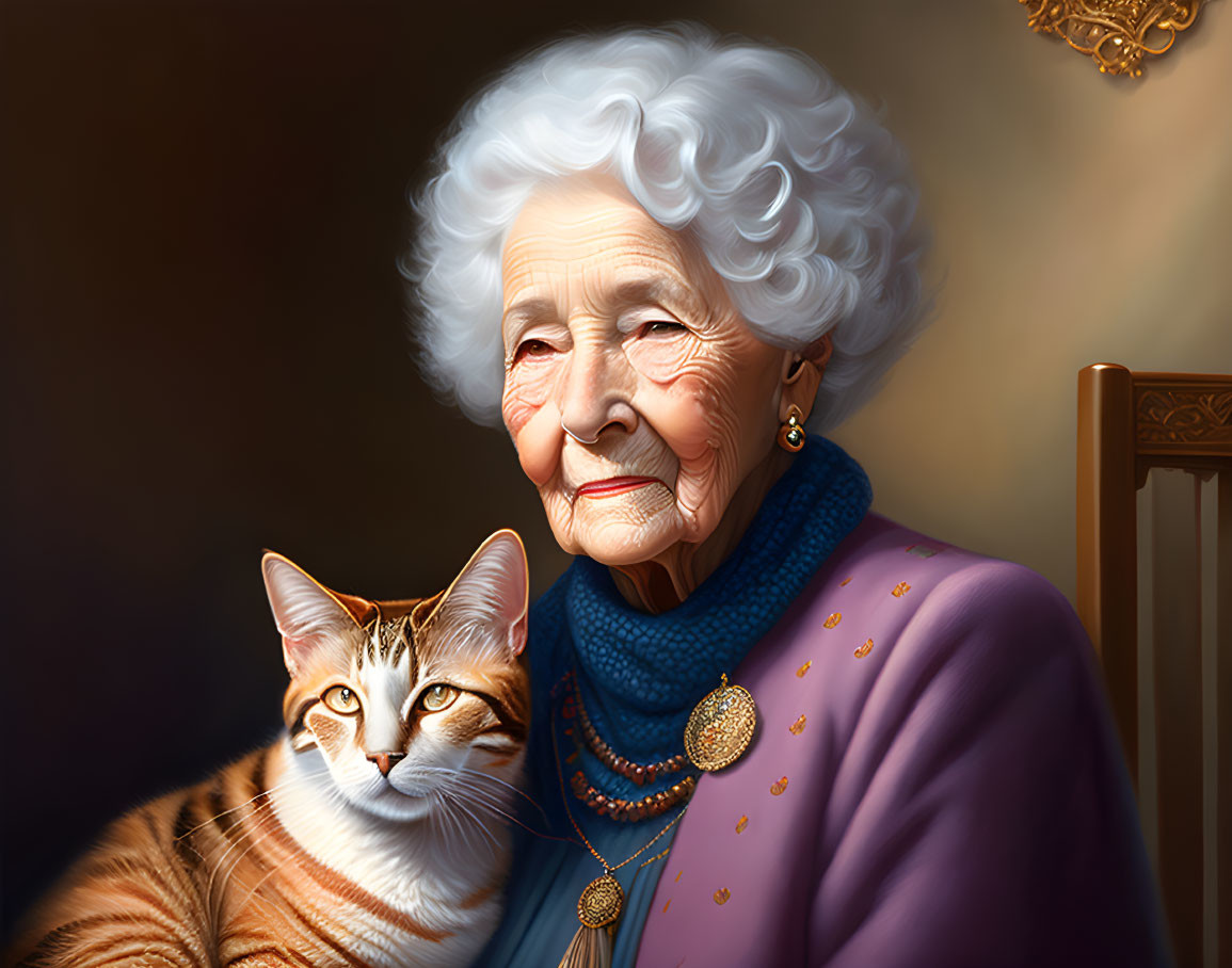 Elderly woman with white hair in purple dress smiles next to orange and white cat