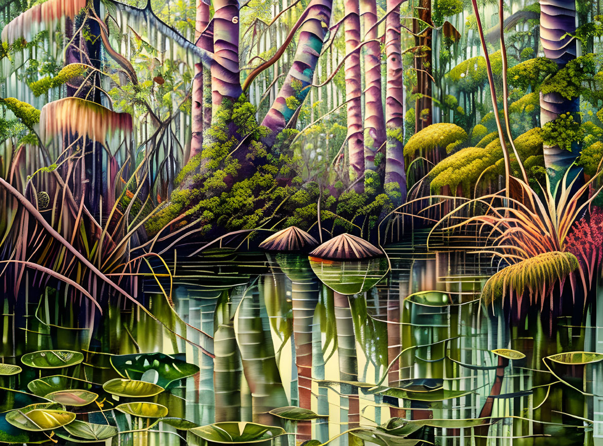 Serene forest scene with tall trees, diverse plants, and reflective water.