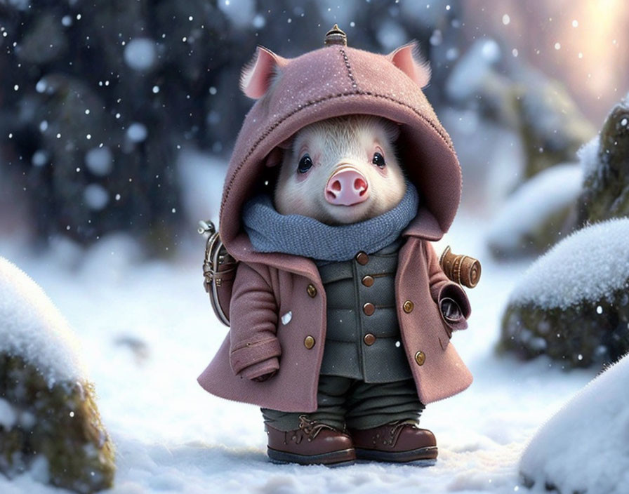 Animated piglet in brown coat, hood, and boots in snowy scene