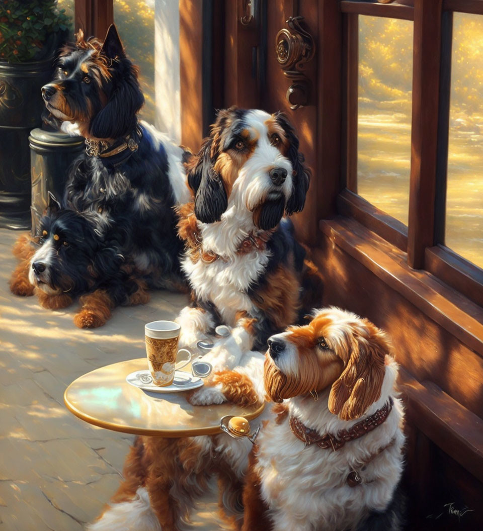 Four dogs on sunny porch with one holding coffee cup and saucer